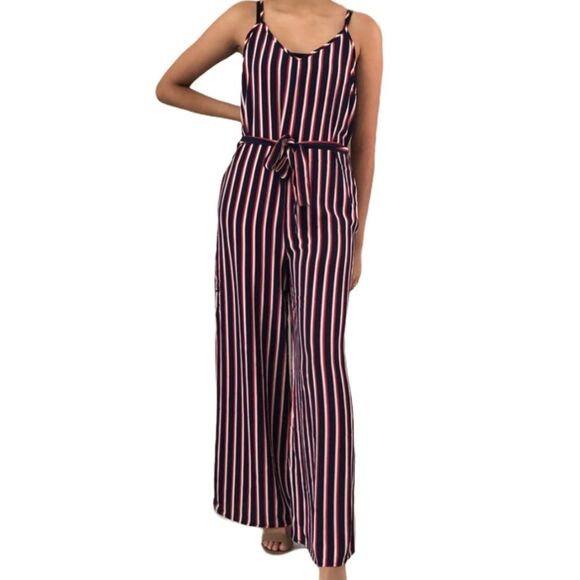 Ambiance Sleeveless Jumpsuit M Striped Pockets Adjustable Straps Red White Navy - Picture 2 of 11